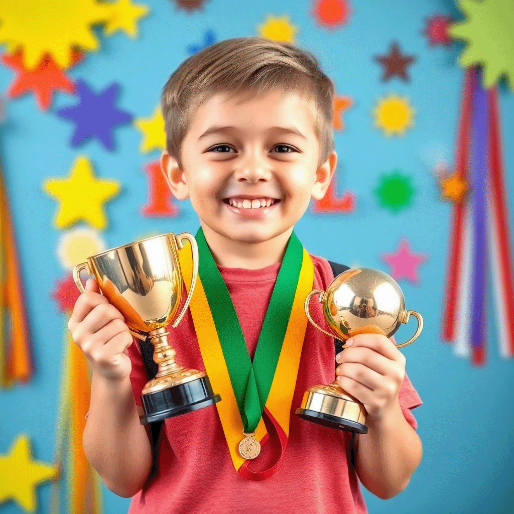 Excited elementary school student holding trophy and medals